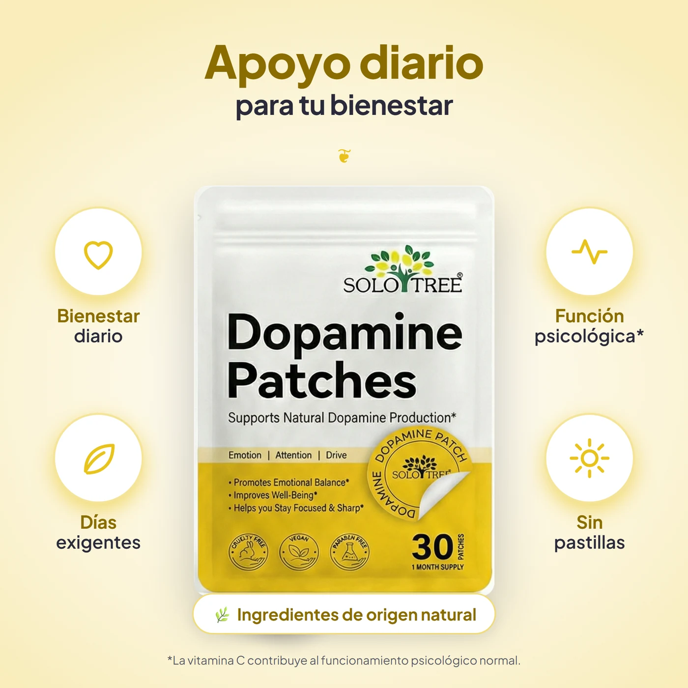 Beneficios de Dopamine Patch: Formulado para acompañar tu bienestar diario; Con vitamina C, que contribuye al funcionamiento psicológico normal; Pensado para tus días de mucha demanda; Se aplica sobre la piel, sin pastillas