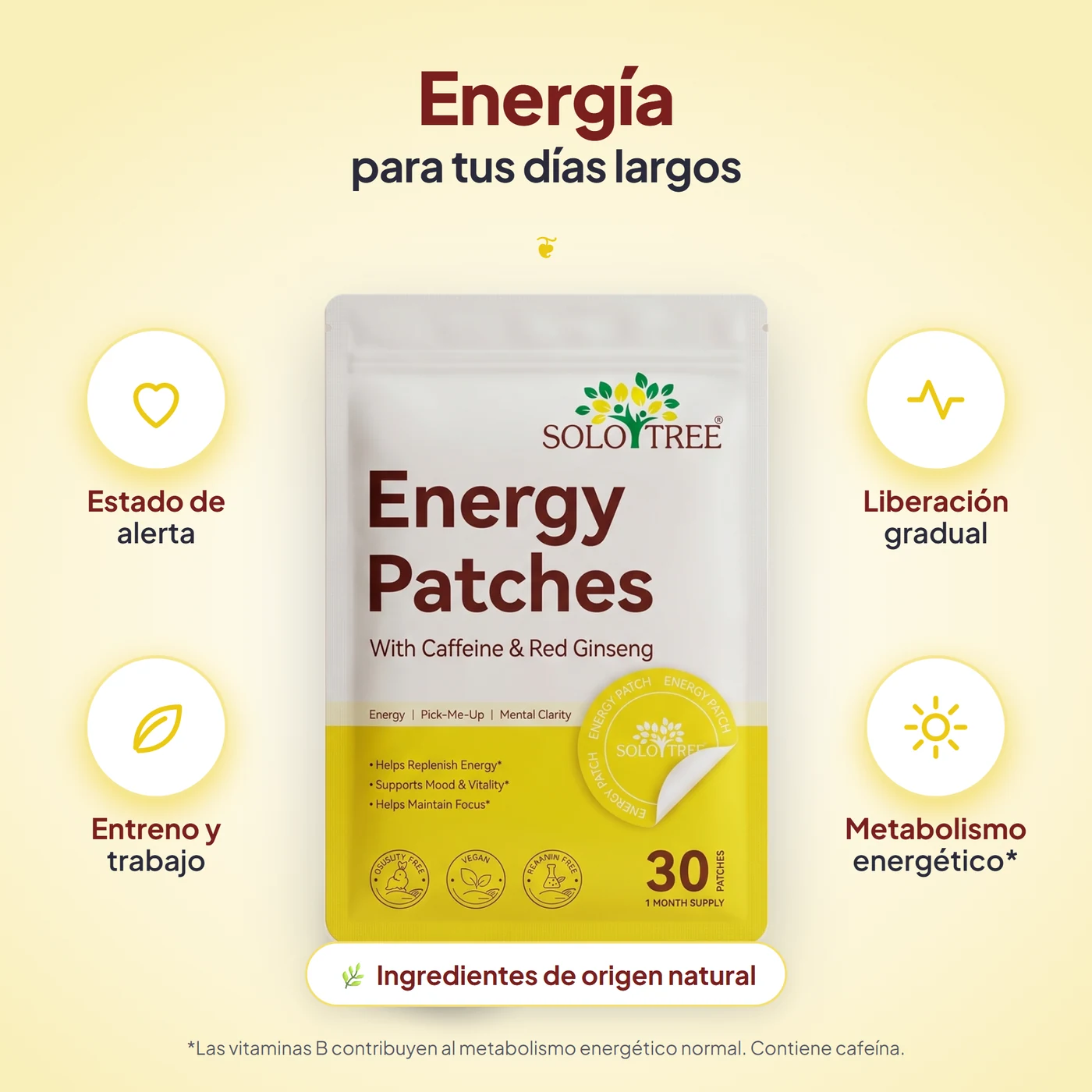 Beneficios de Energy Patch: Con cafeína para favorecer el estado de alerta; Diseñado para liberar gradualmente hasta por 8 horas; Pensado para acompañar trabajo, estudio o entrenamiento; Complejo B y B12, que contribuyen al metabolismo energético normal