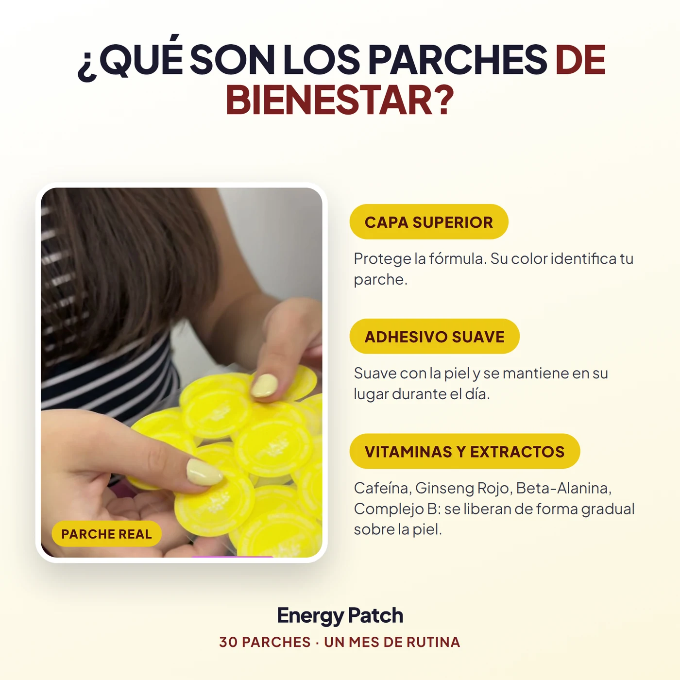 Qué son los parches de bienestar: capa superior, adhesivo suave, vitaminas y extractos de Energy Patch