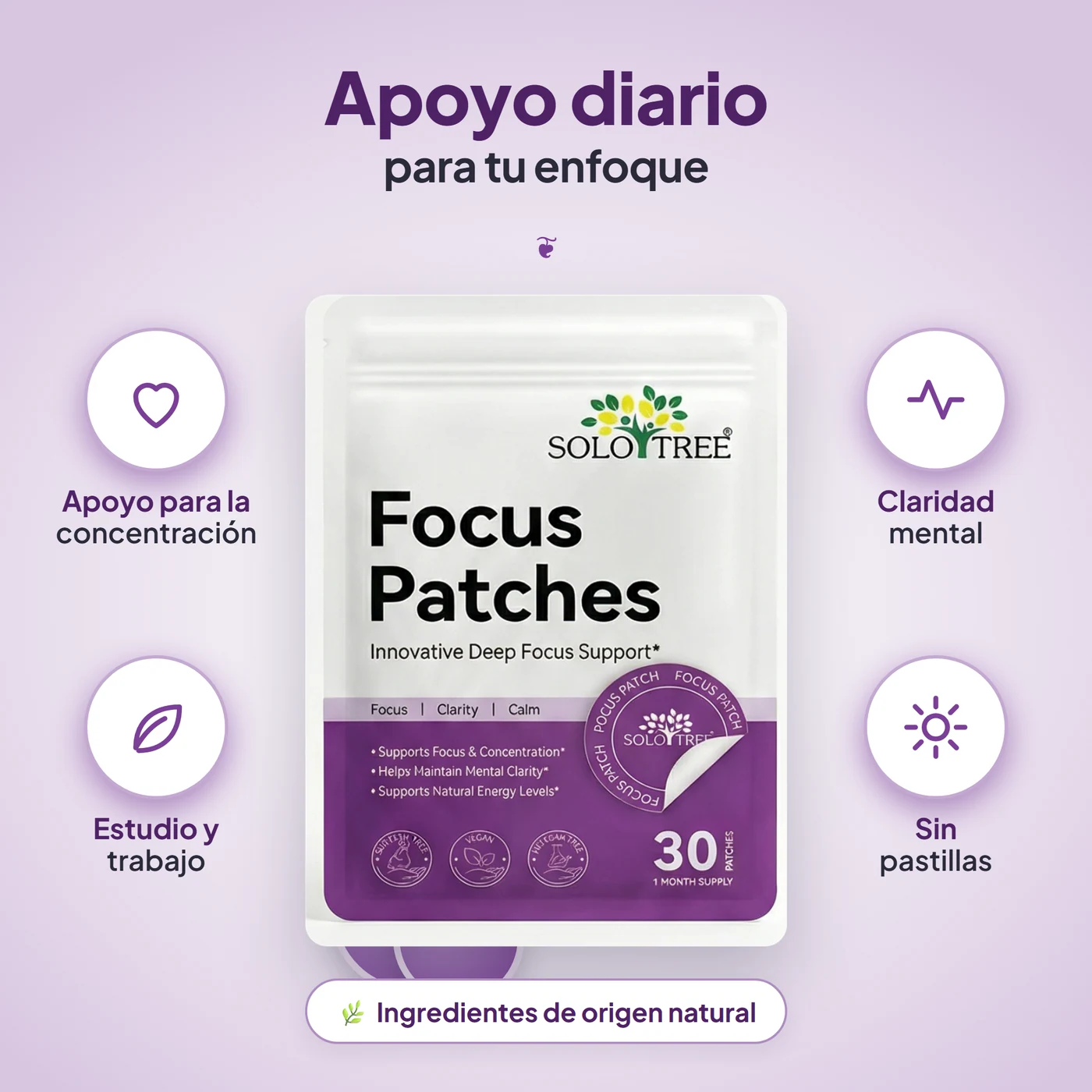 Beneficios de Focus Patch: Formulado para apoyar la concentración y el enfoque; Pensado para acompañar la claridad mental durante el día; Sin pastillas: se aplica sobre la piel; Ideal para estudio, trabajo o creatividad