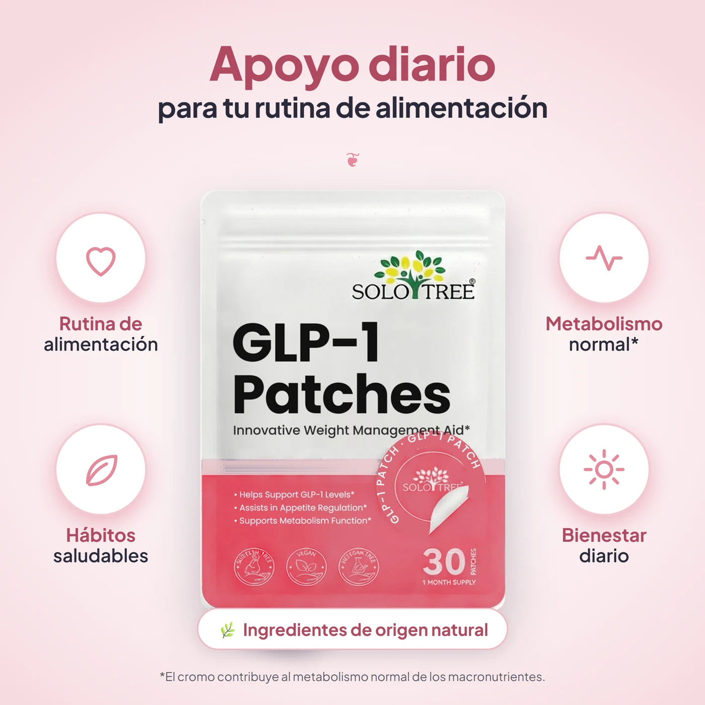 Beneficios de GLP-1 Patch: Pensado para acompañar una alimentación equilibrada; Con cromo, que contribuye al metabolismo normal de los macronutrientes; Complejo B, que contribuye al metabolismo energético normal; Práctico y discreto para el día a día