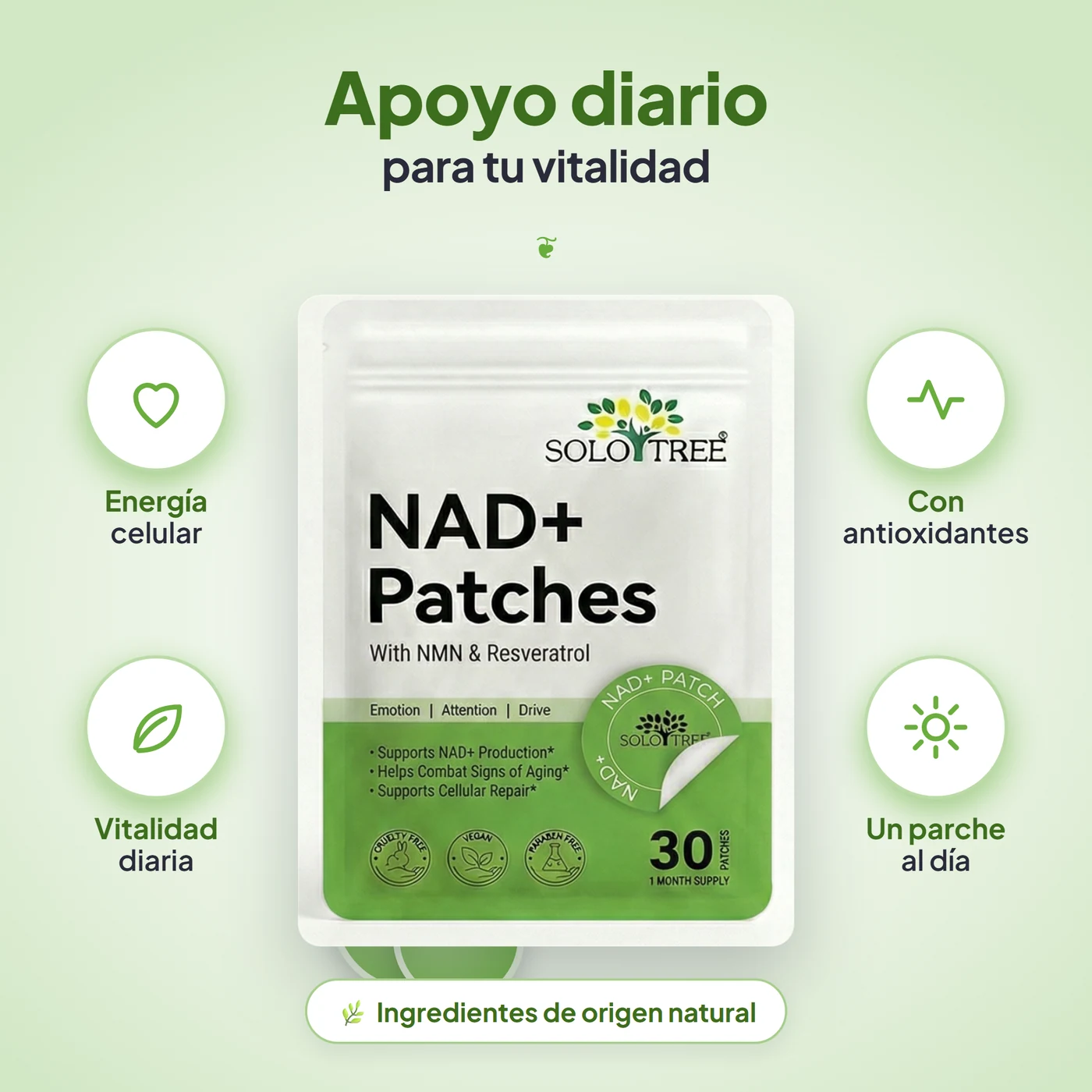 Beneficios de NAD+ Patch: Formulado para apoyar la energía a nivel celular; Con antioxidantes que ayudan a proteger las células del estrés oxidativo; Pensado para acompañar tu vitalidad diaria; Un parche al día, sin pastillas