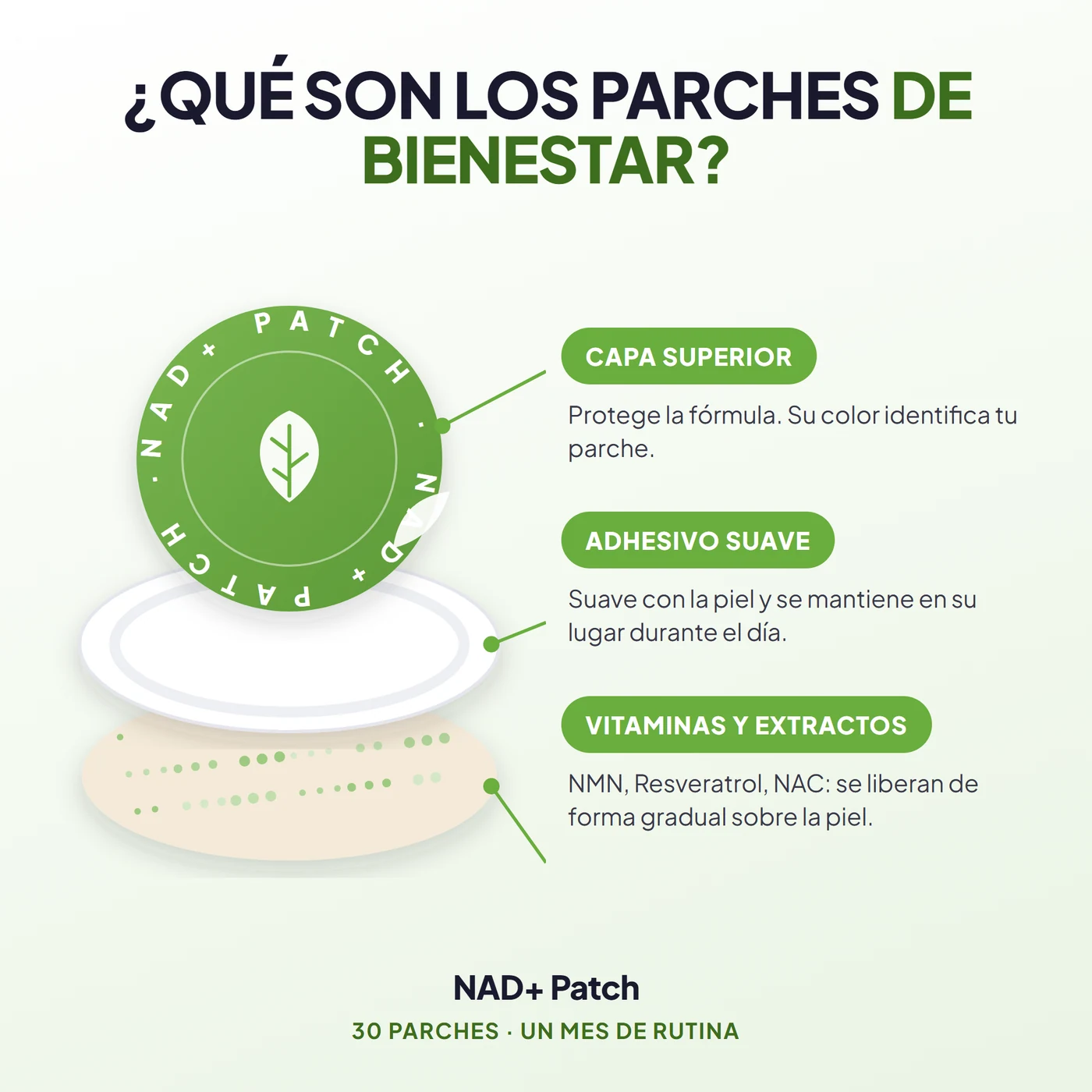 Qué son los parches de bienestar: capa superior, adhesivo suave, vitaminas y extractos de NAD+ Patch