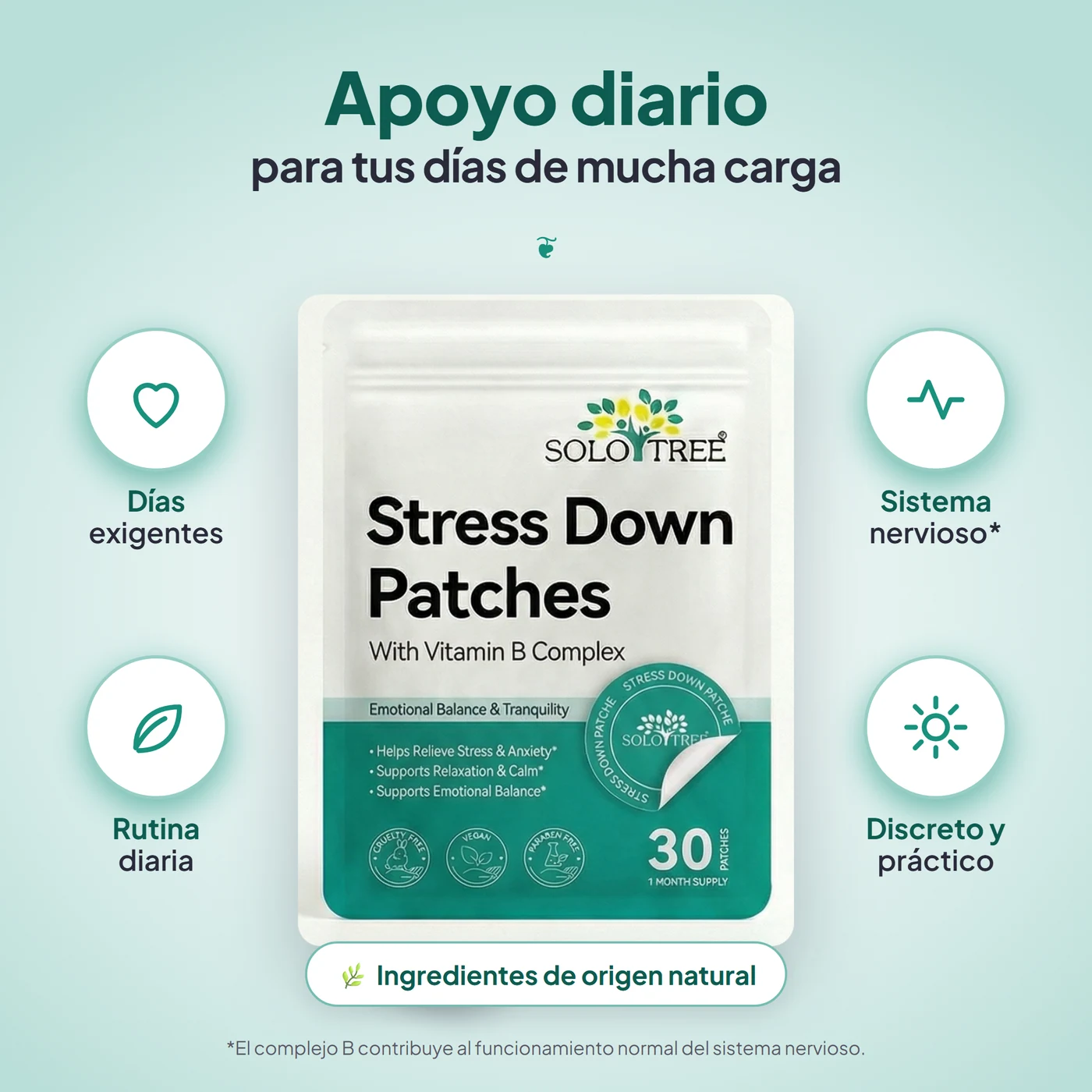 Beneficios de Stress Relief Patch: Formulado para acompañar los días de mucha carga; Complejo B, que contribuye al funcionamiento normal del sistema nervioso; Pensado para integrarse a tu rutina diaria; Discreto y práctico